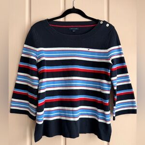 Tommy Hilfiger women’s Navy Sweater with Red and Blue Stripes sz medium